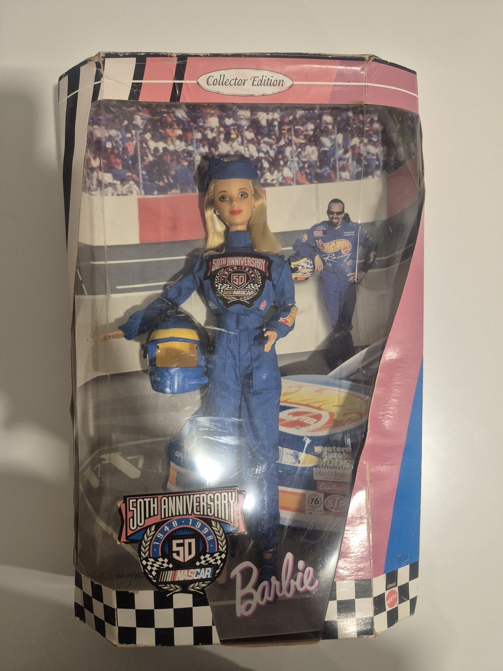 Barbie Blue and Yellow NASCAR 50th Anniversary Collector Doll, BOX ROUGH